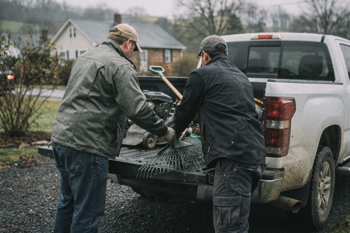 Two crew leads loading landscaping tools into a pickup truck tailgate