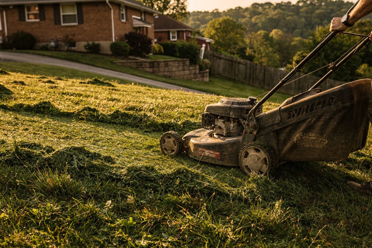 Walk-behind mower cutting a fresh stripe into a sloped lawn
