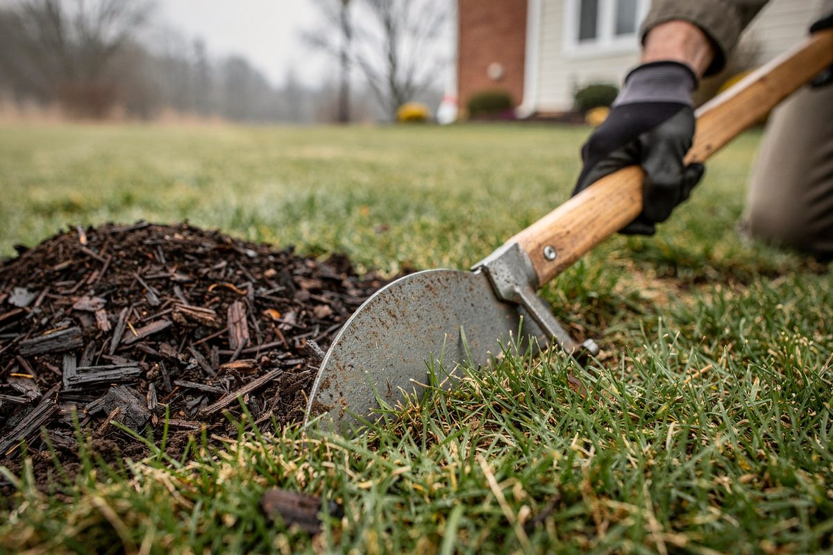 Steel edging tool cutting a fresh bed line beside a pile of mulch