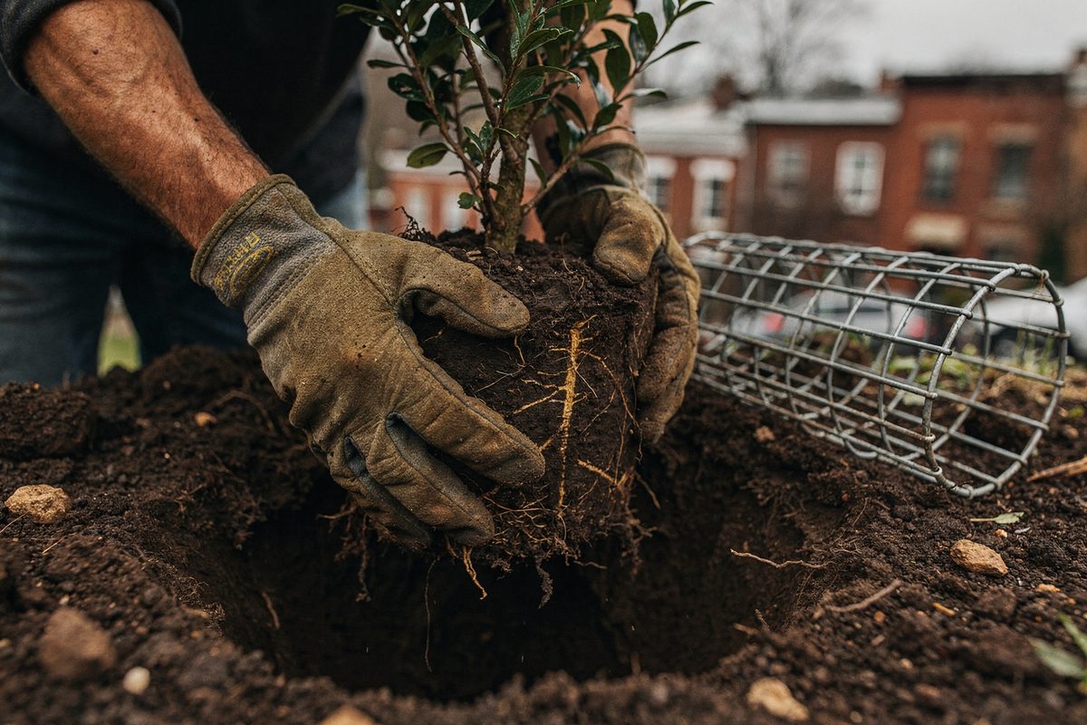 Gloved hands lowering a root-scored shrub into a planting hole