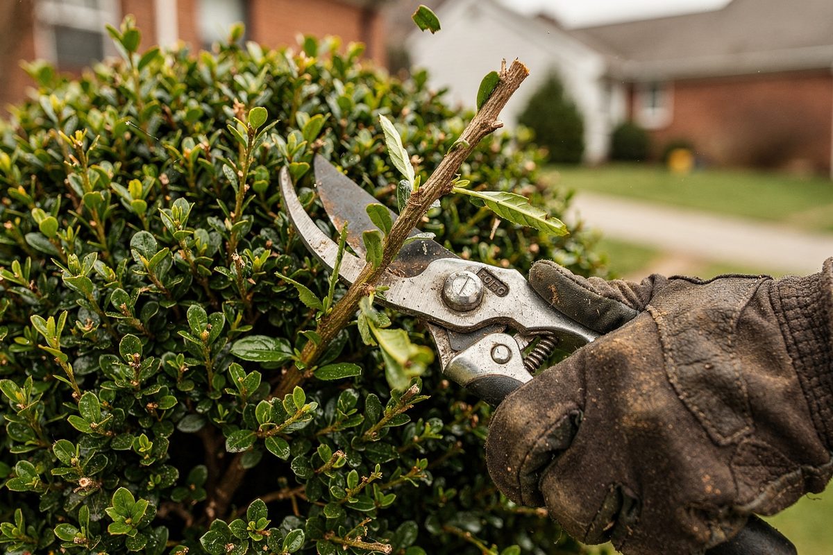 Hand pruners cutting a stem on a shaped boxwood shrub